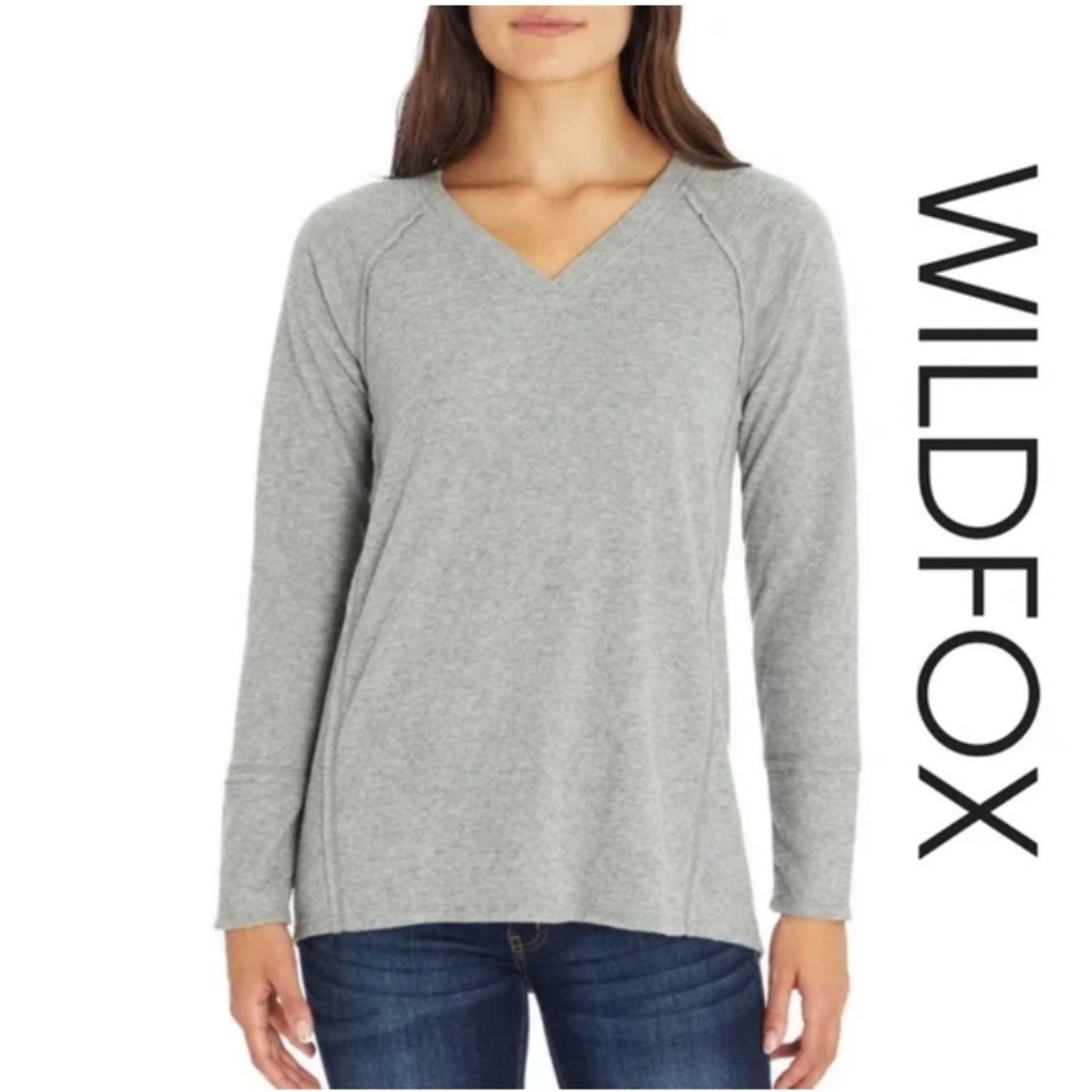 Wildfox Women's Top Haley Long Sleeve V-neck Brushed Knit High Low Gray S NWT